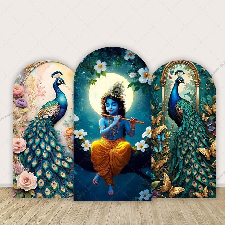 Krishna flute and peacock backdrop panels