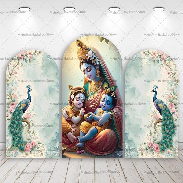 Yashoda, Krishna, and peacock panels