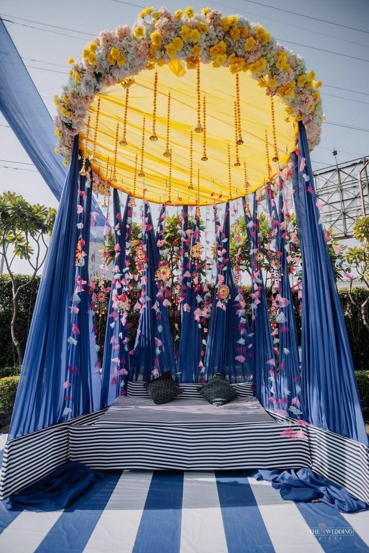 Blue canopy Haldi seating