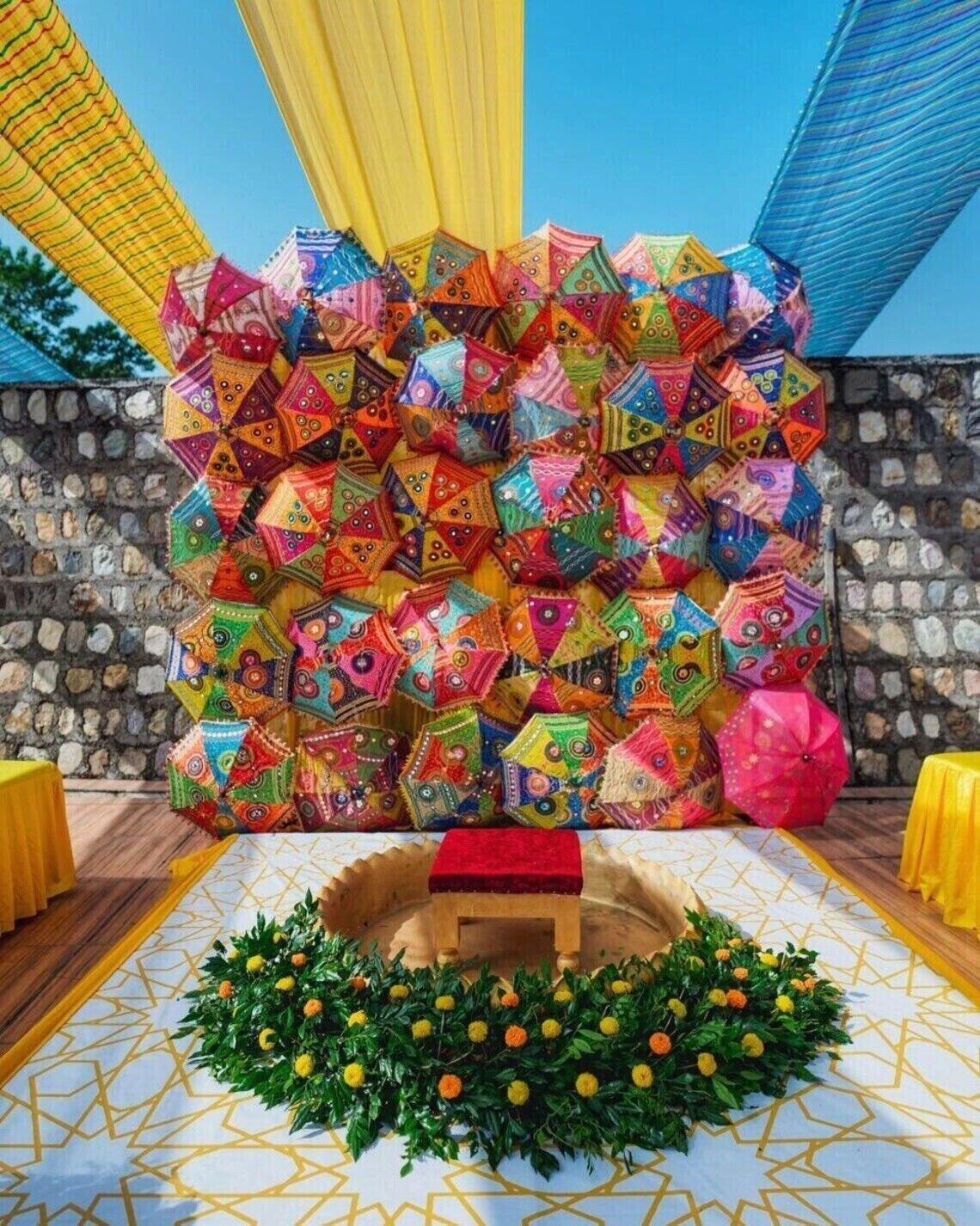 Embroidered umbrella Haldi stage
